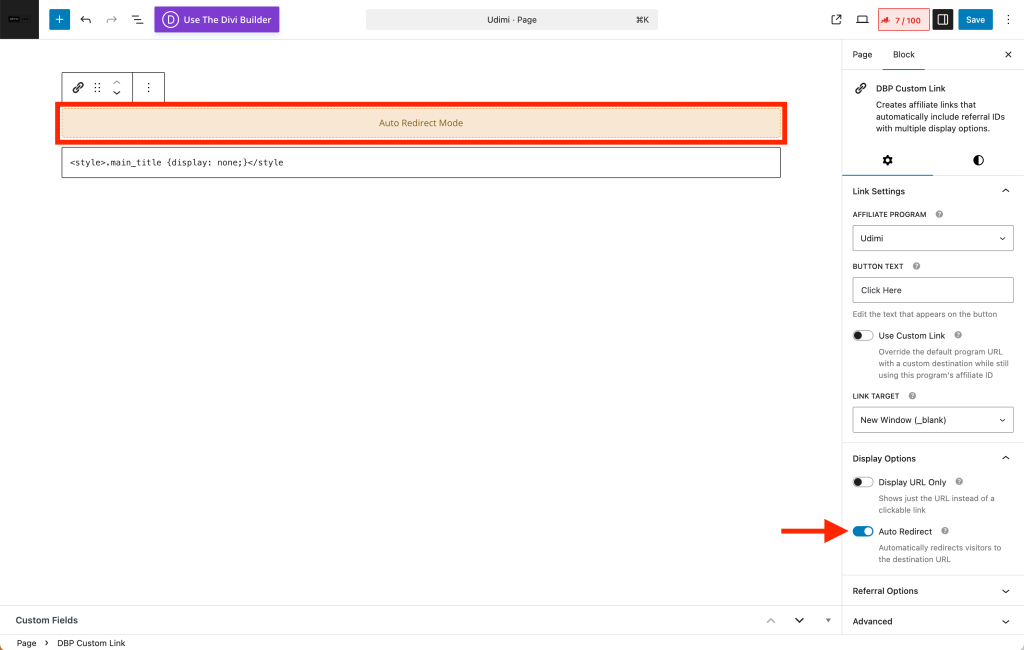 DBP Custom Link Auto Redirect Configuration